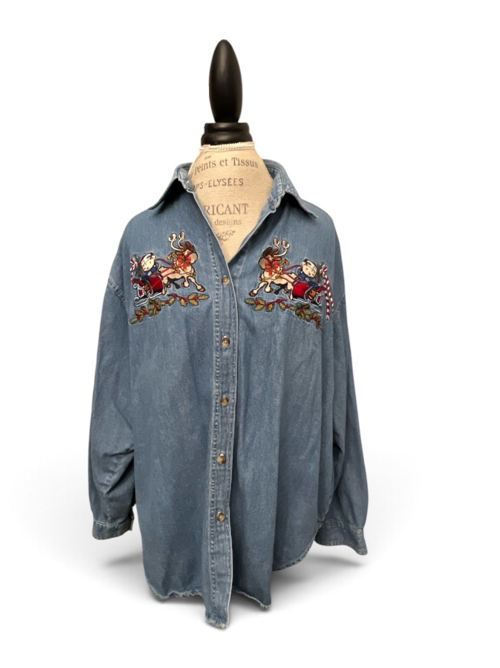 Qwizz New York Woman festive Christmas denim button-front shirt.